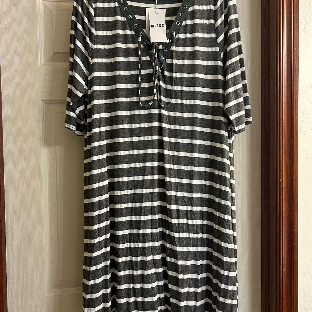 RELAXX by Exist Stripped Lace up Front V Neck Dress  New With Tags
